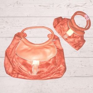 PEACH FAUX SUEDE PURSE W/ SMALL MATCHING REPLICA